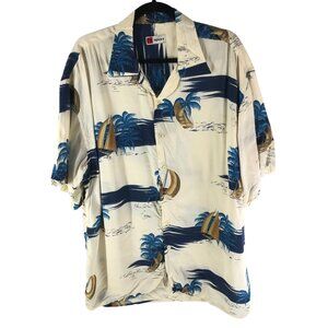 LS Sport Mens Hawaiian Shirt Sailboat Palm Tree Print Ivory Blue 17-17.5 XL